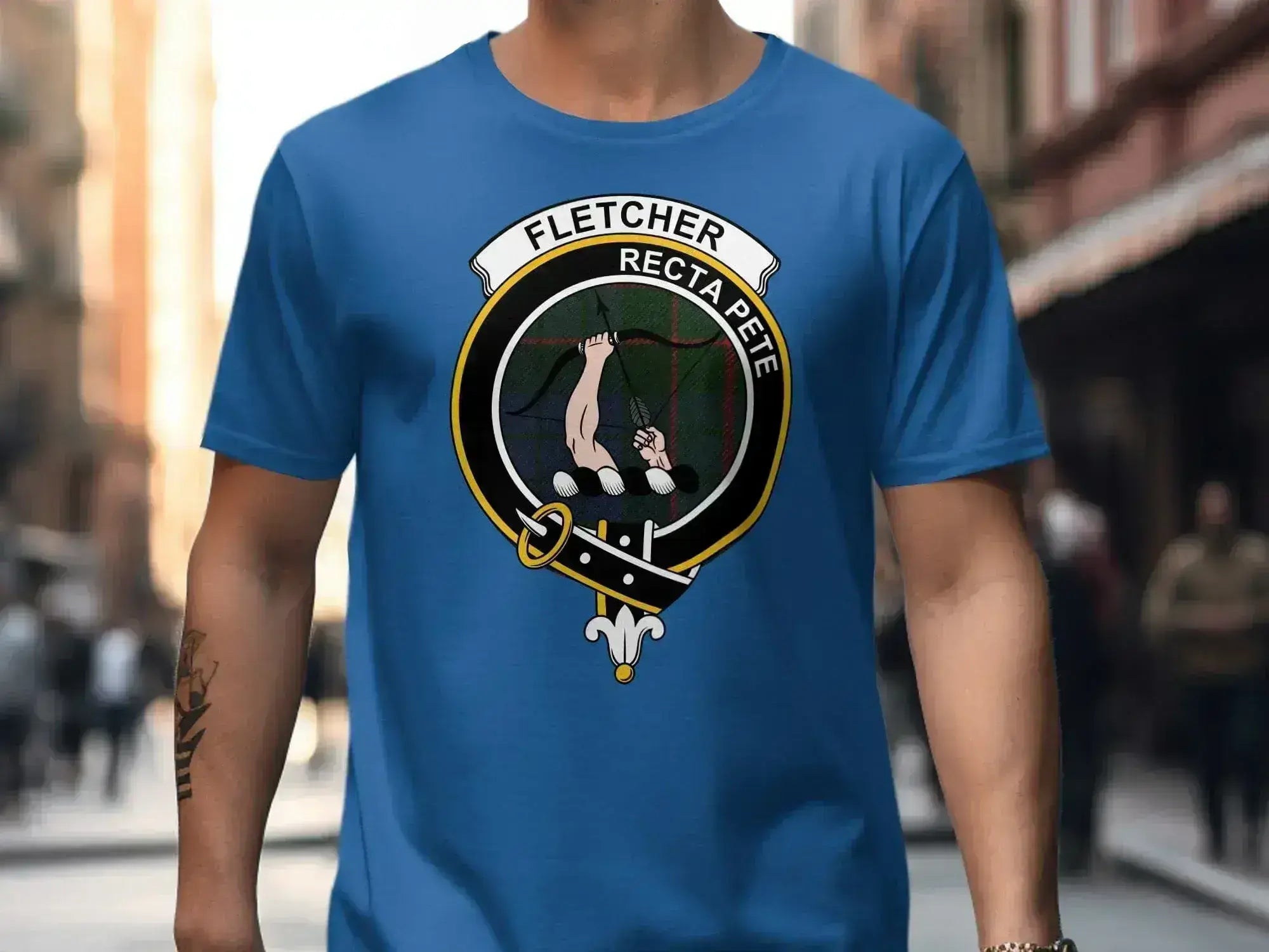 Fletcher clan crest t-shirt front view — Recta Pete motto with tartan heraldic design
