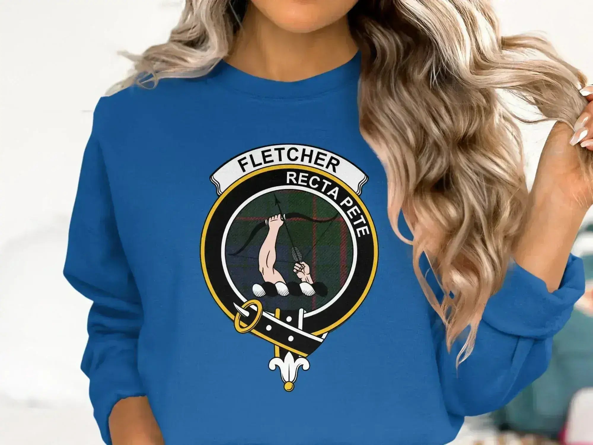 Fletcher clan crest graphic sweatshirt — Seek for Right tartan design on fleece