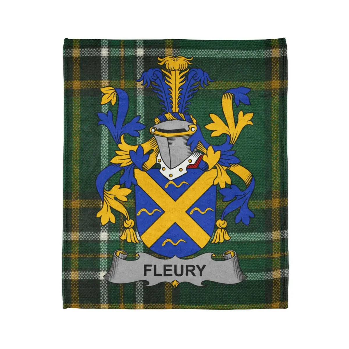Fleury Family Crest on Tartan Background product