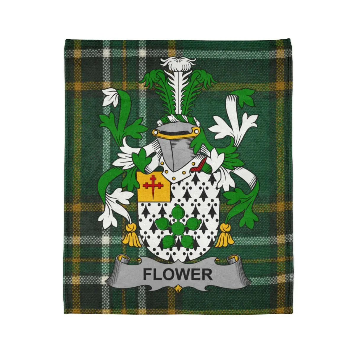Green Tartan Pattern Blanket with Flower Crest Design