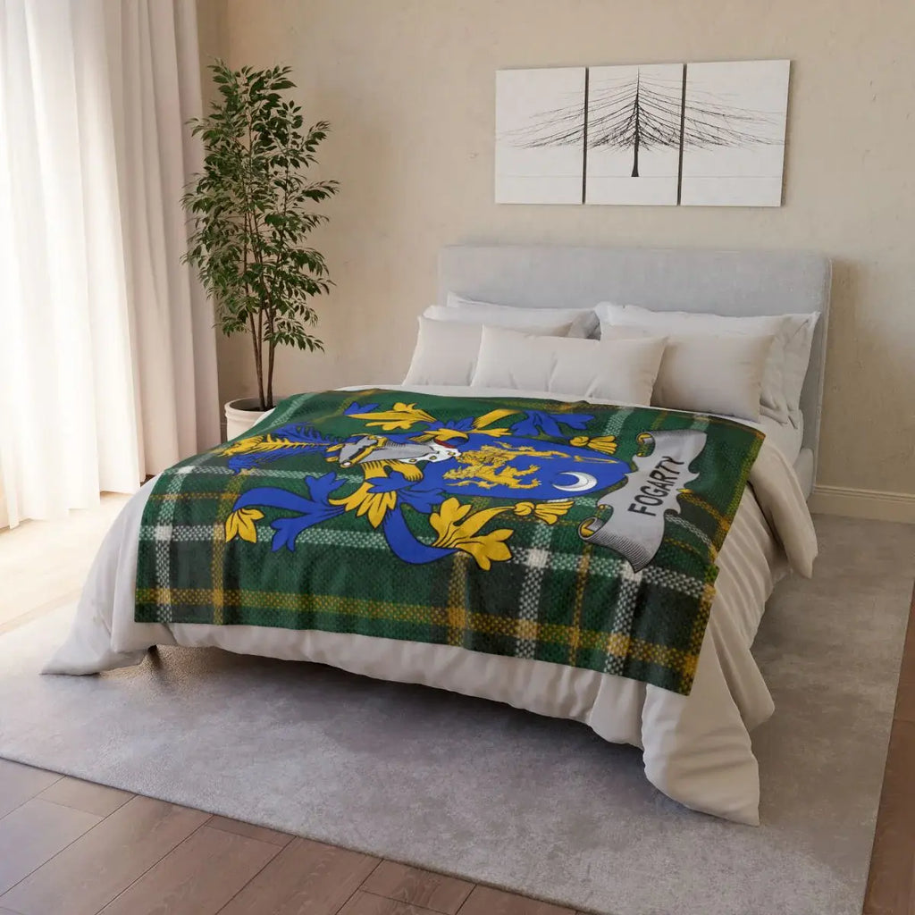 Fogarty Family Crest Green and Blue Plaid Blanket