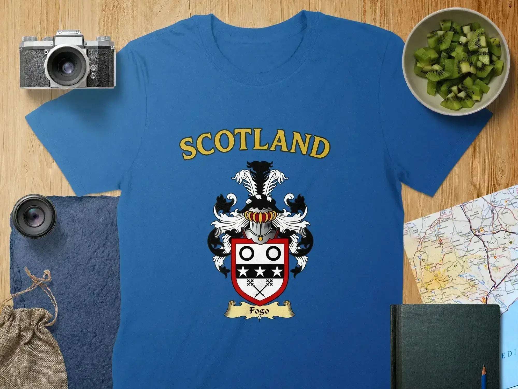 Fogo Scottish clan crest t-shirt — tartan-background design