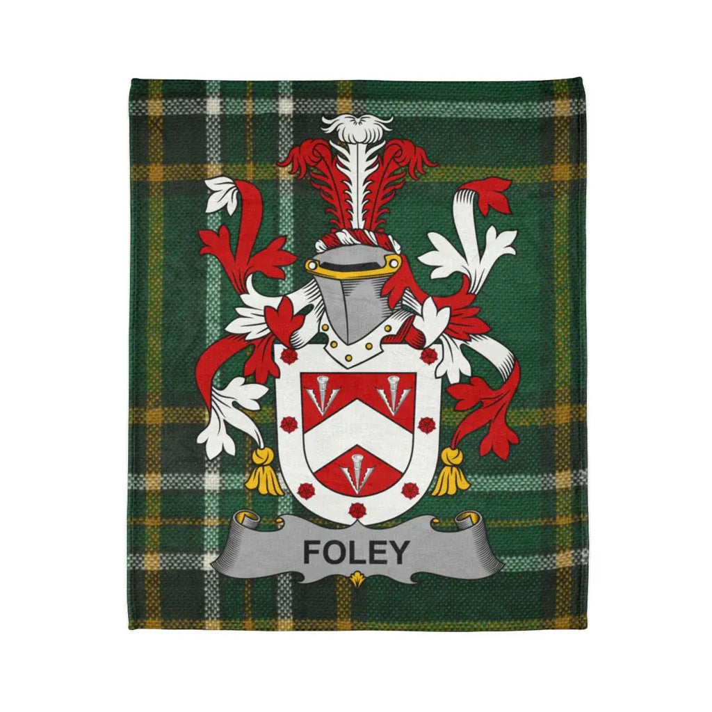 Foley Family Crest on Green Tartan Blanket