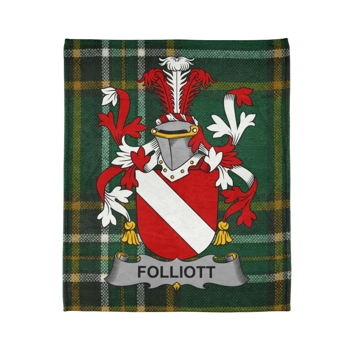Folliott Family Crest on Green Plaid Fleece Blanket