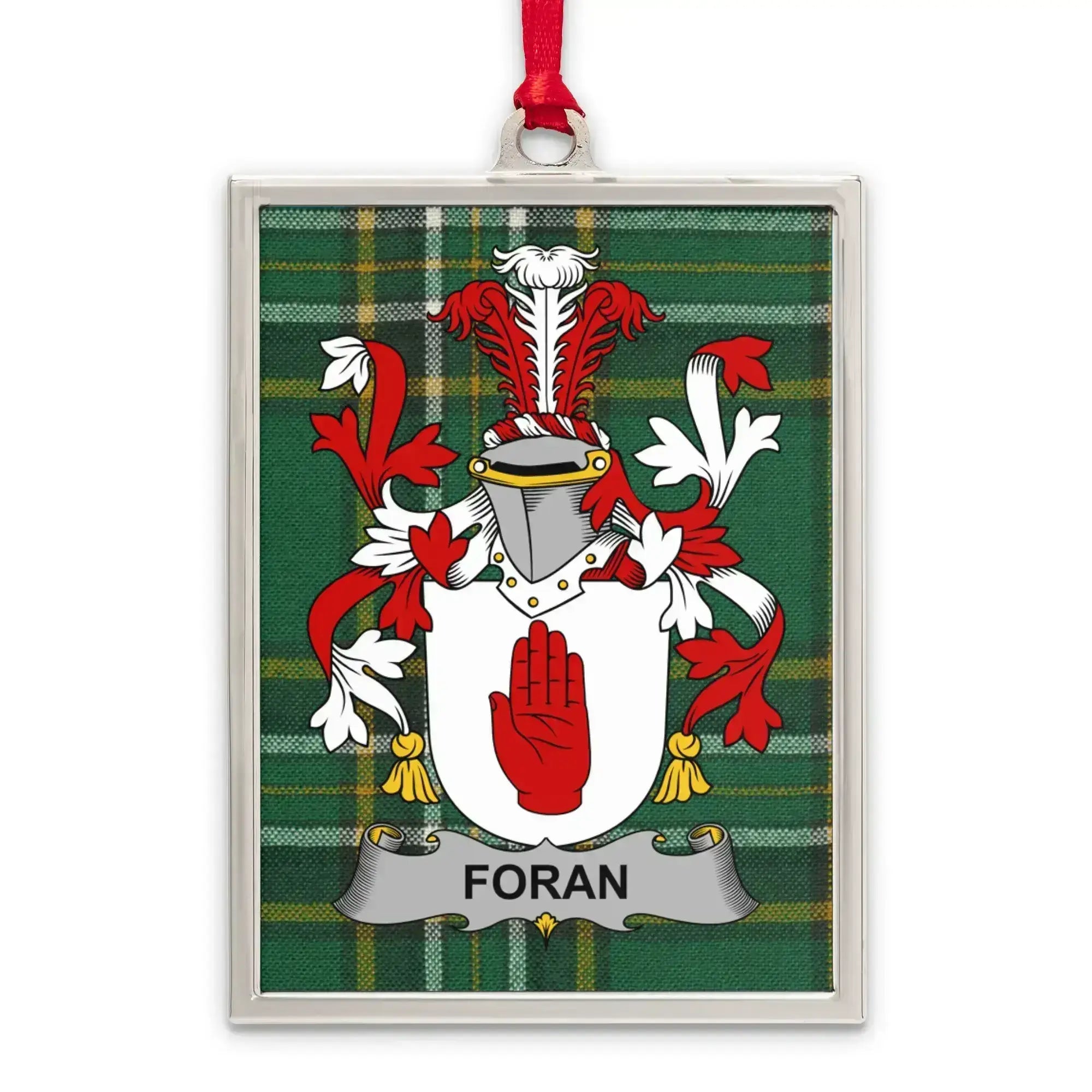 Crest with Red Hand on Green Plaid Background product