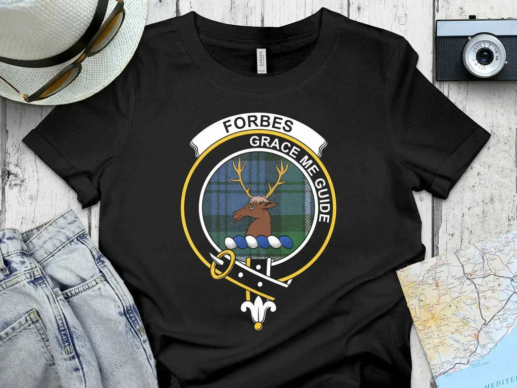 Forbes clan crest tartan t-shirt in black — Grace Me Guide stag badge heraldic design on 100% cotton