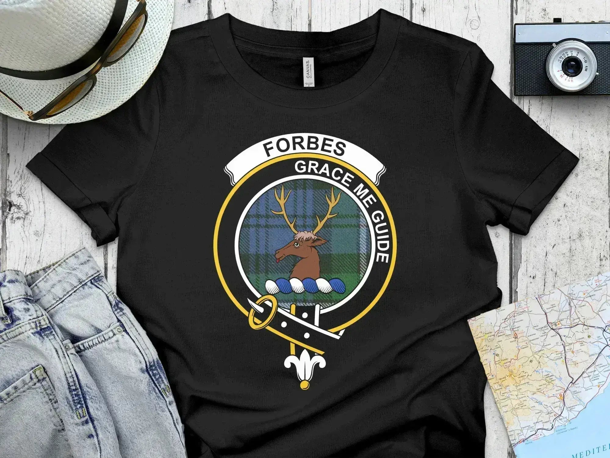 Forbes clan crest tartan t-shirt in black — Grace Me Guide stag badge heraldic design on 100% cotton