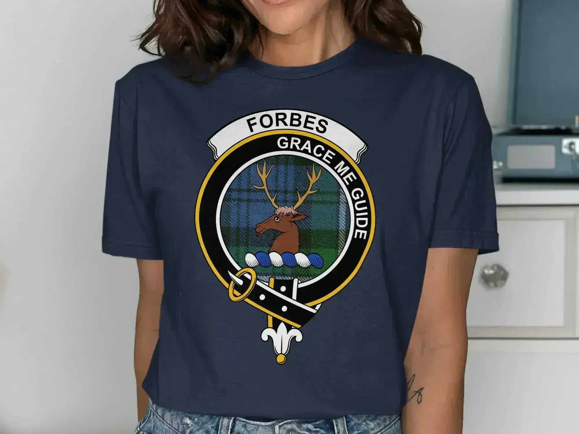 Forbes Grace Me Guide graphic t-shirt in navy — clan crest on chest, unisex cotton fit