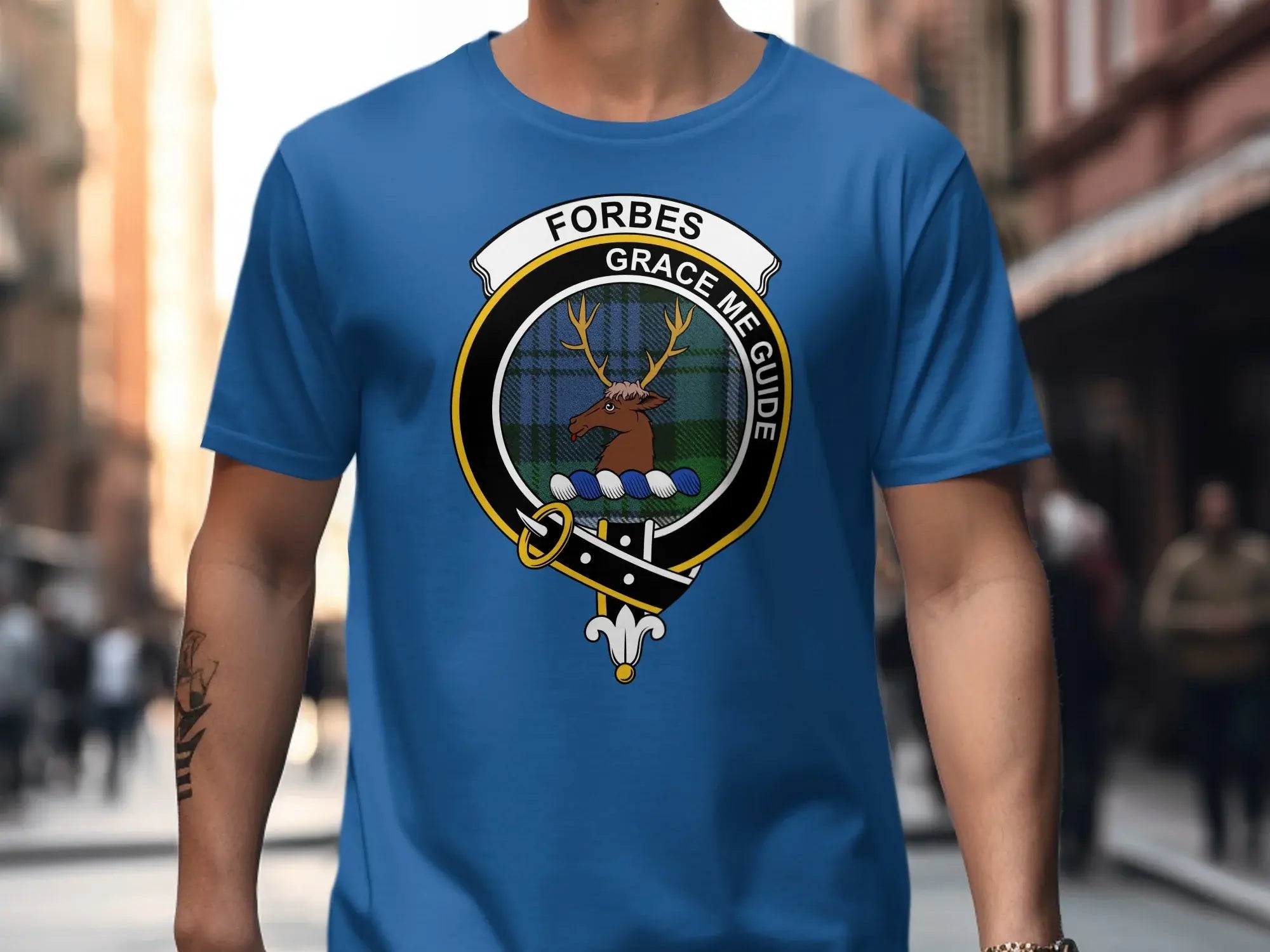 Forbes clan crest t-shirt front view — Grace Me Guide badge with tartan heraldic design