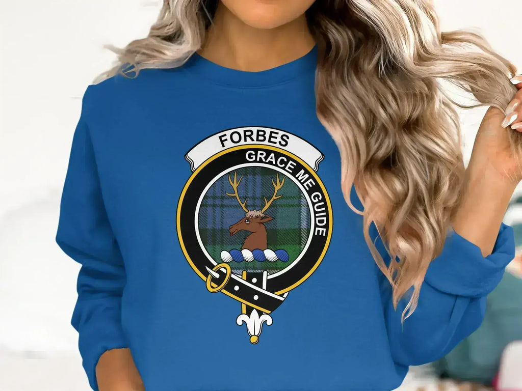 Forbes clan crest sweatshirt — Grace Me Guide stag design on fleece fabric