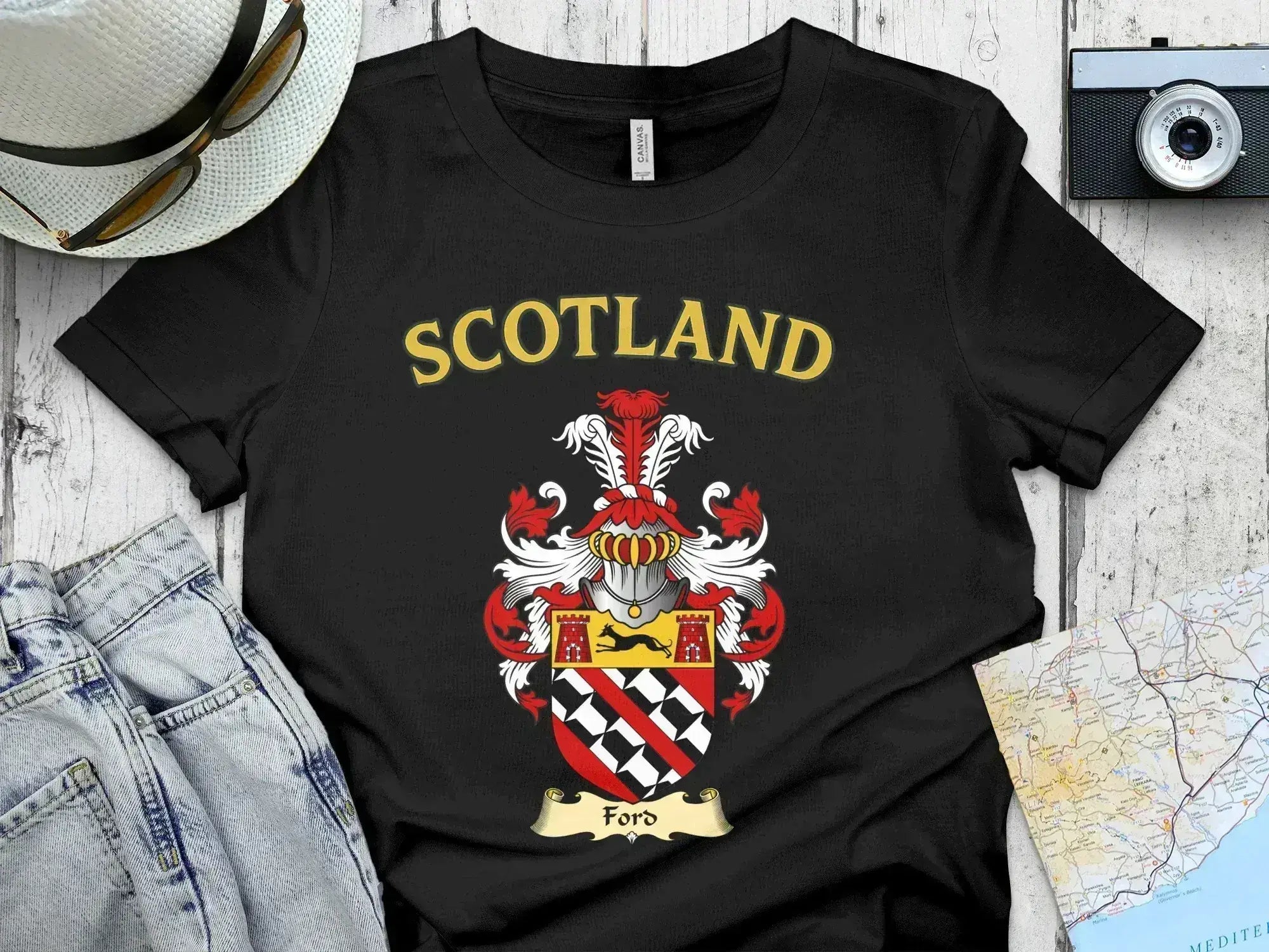 Ford Scottish clan crest t-shirt — front view of the printed crest on a tartan background