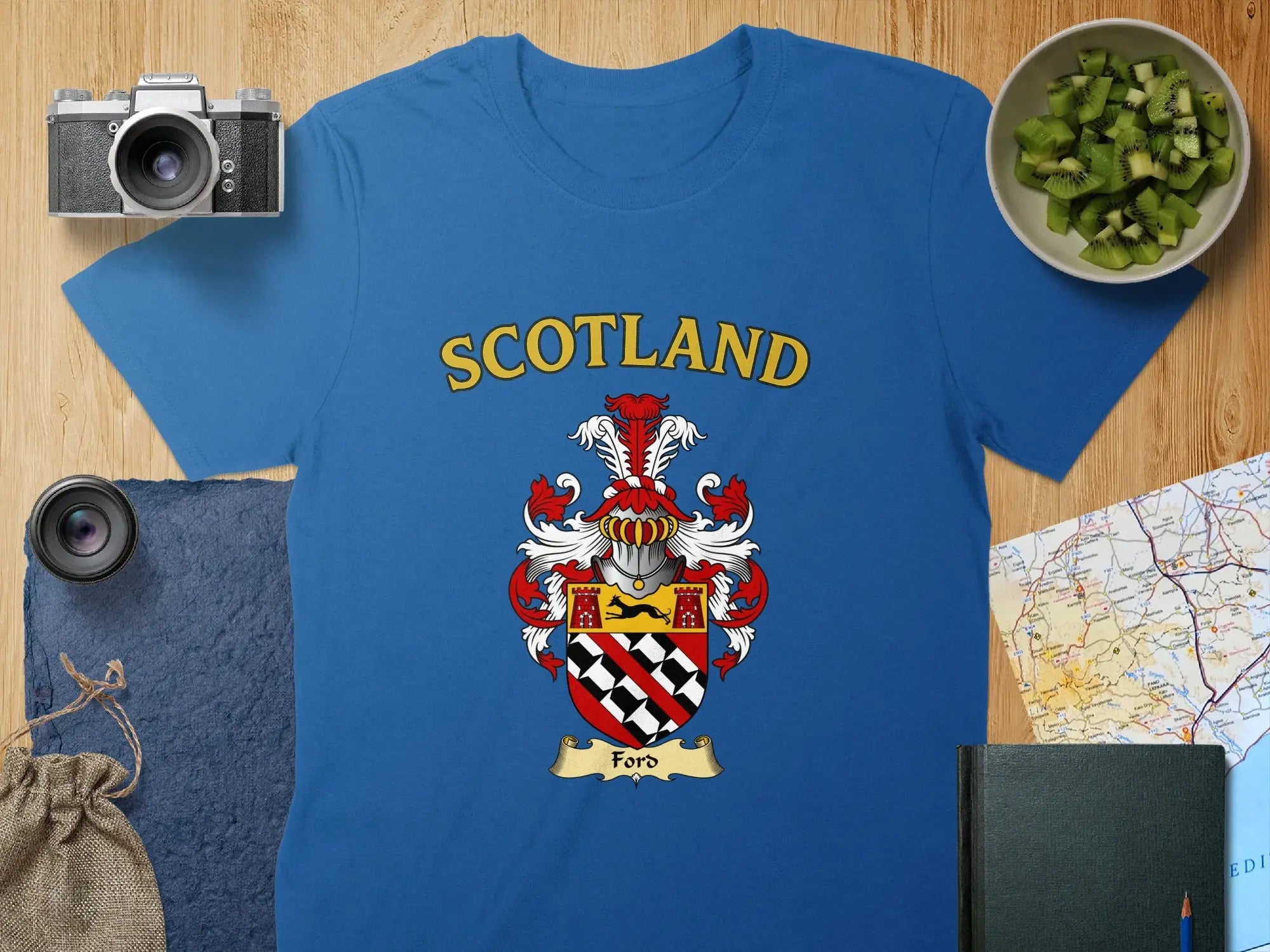 Ford Scottish clan crest t-shirt — tartan-background design