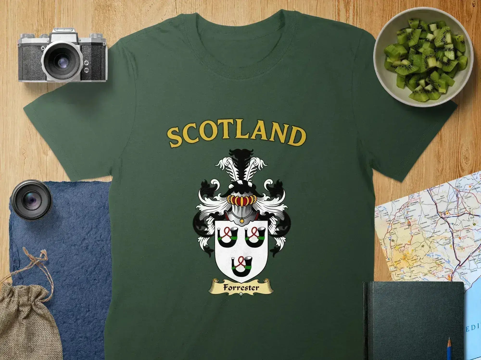 Forrester Scottish crest t-shirt in forest green — unisex cotton tee, front print