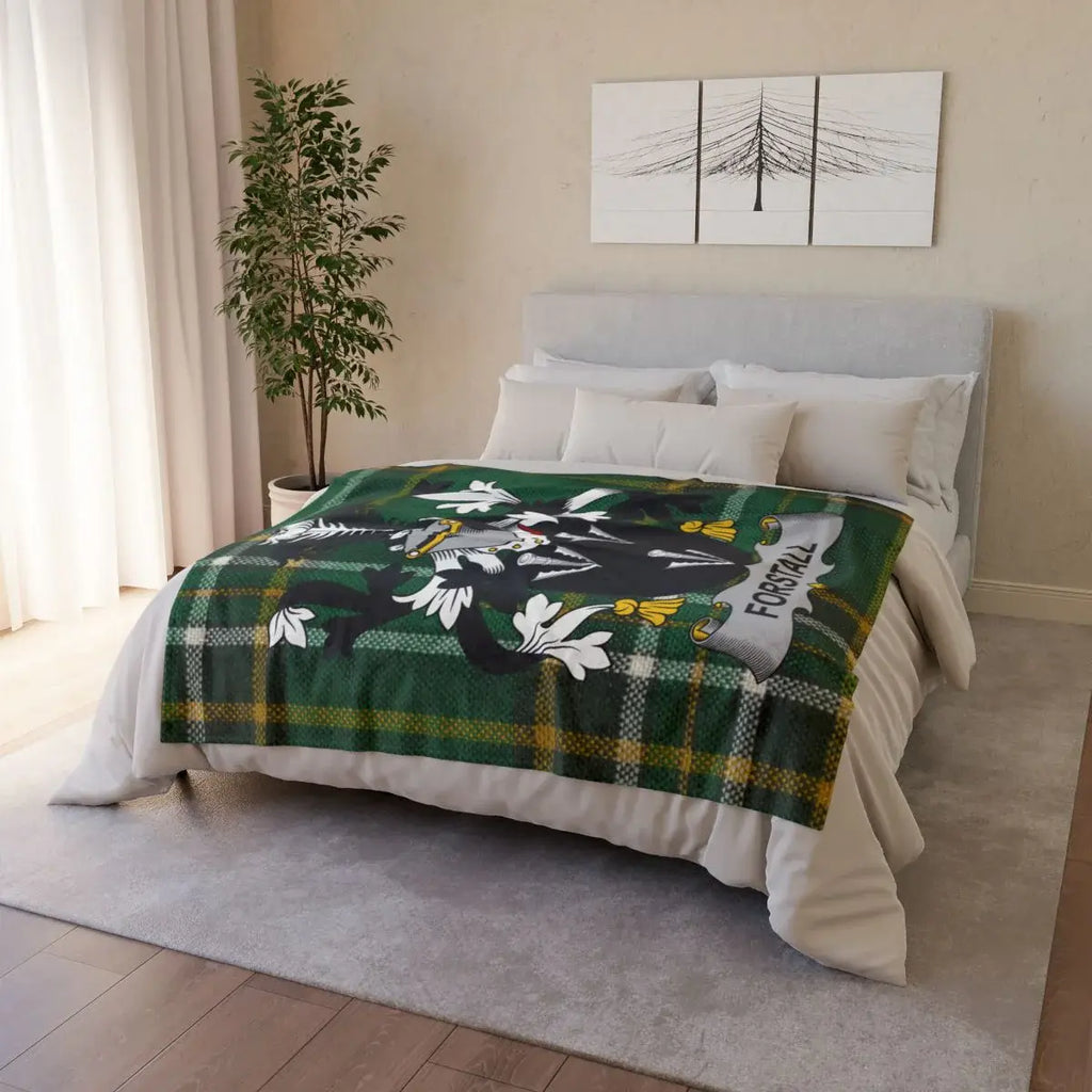Elegant Green Plaid Throw Blanket with Family Crest