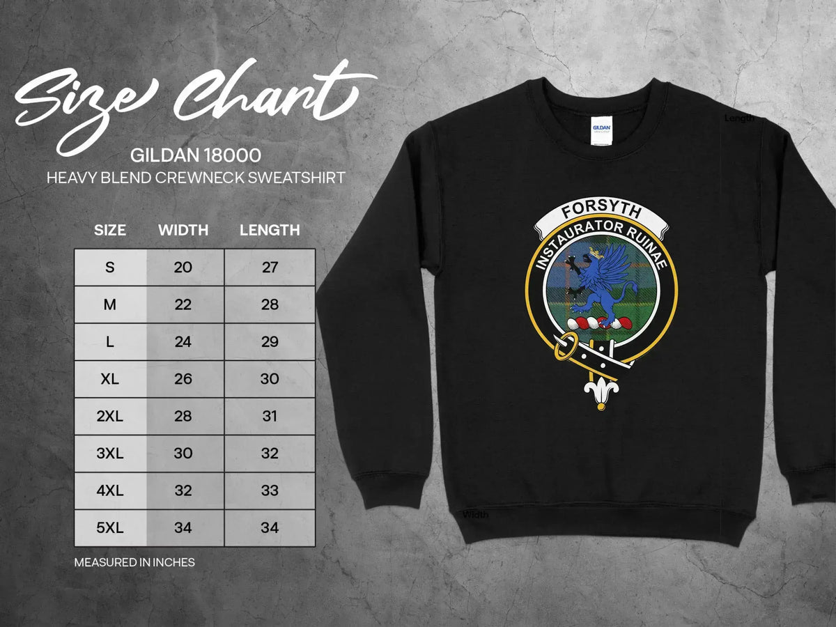 Forsyth clan crest crewneck sweatshirt with Instaurator Ruinae motto and tartan design