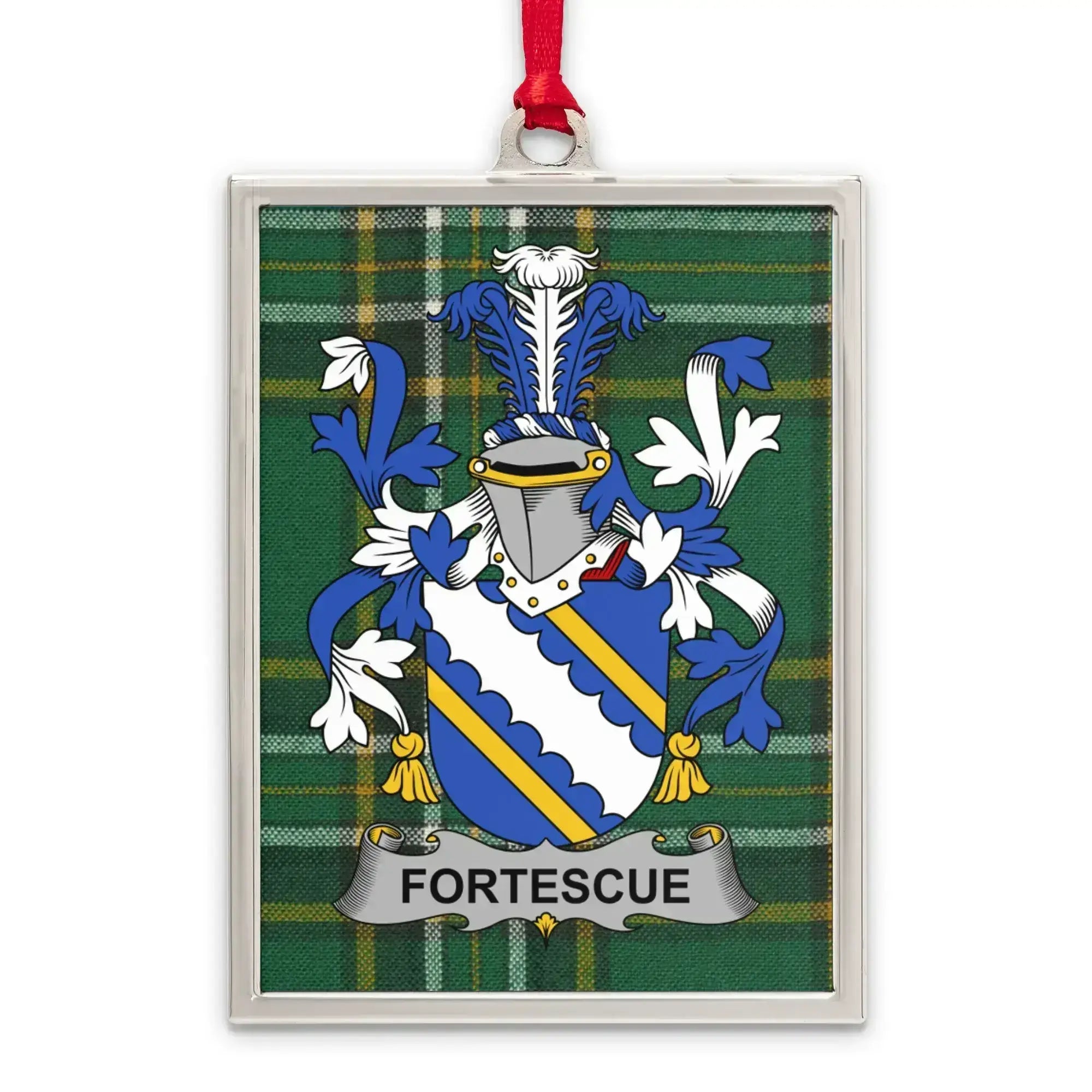 Fortescue Family Crest Plaid Background Ornament product