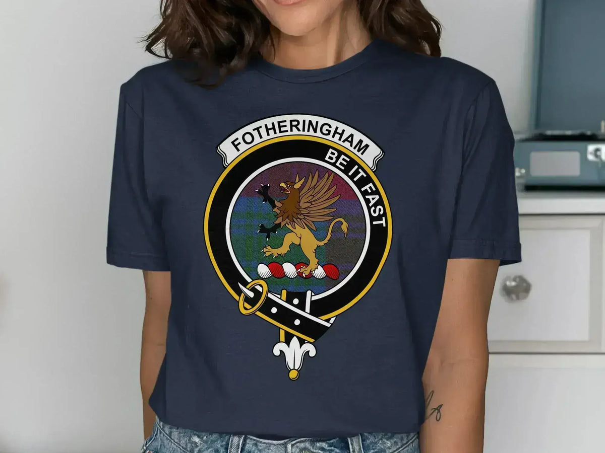 Fotheringham clan crest t-shirt in black — Be It Fast motto and griffin crest on front