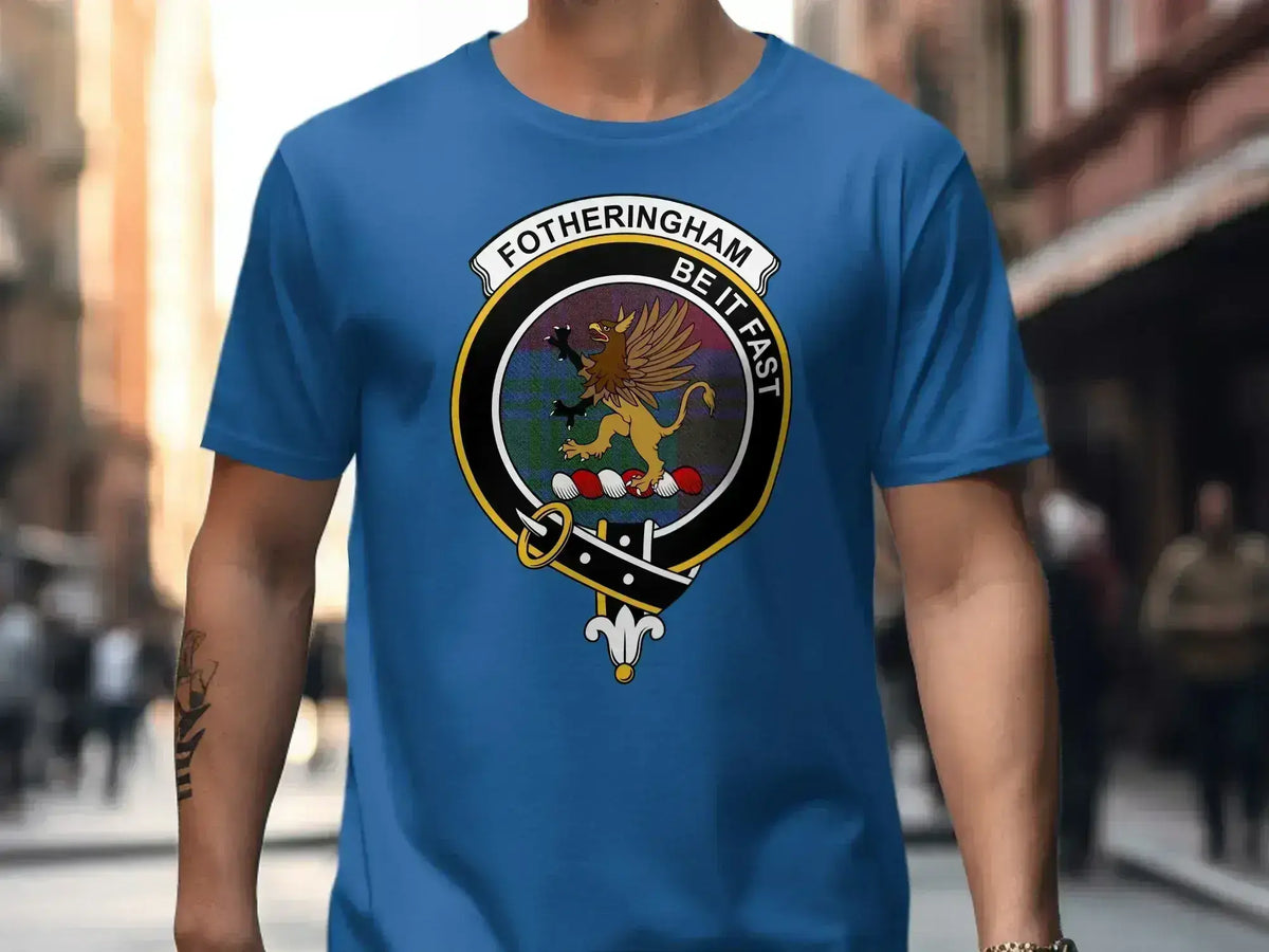 Fotheringham heritage t-shirt in navy — side view showing fit and sleeve length