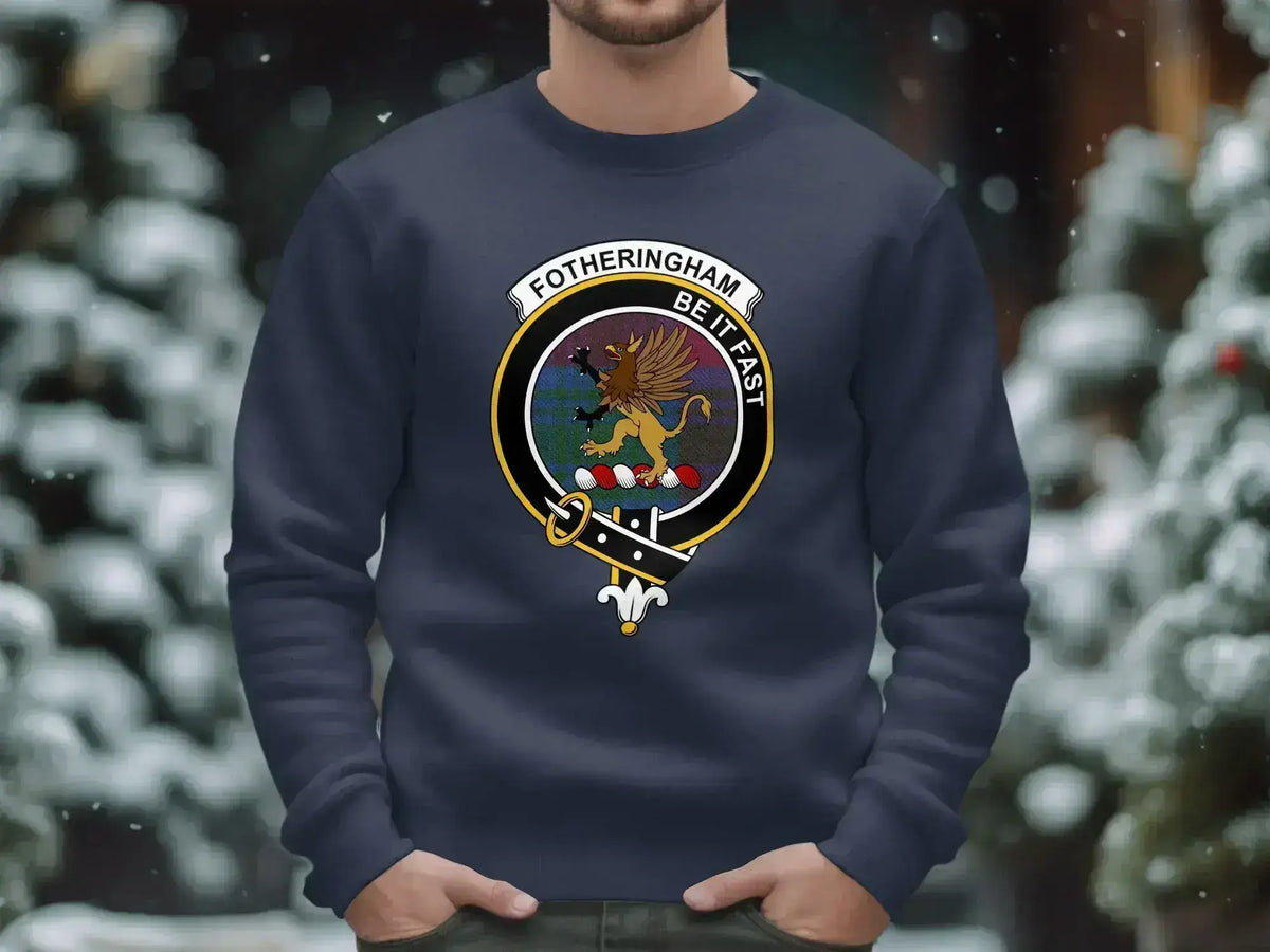 Fotheringham sweatshirt in royal blue — printed clan crest on fleece crewneck