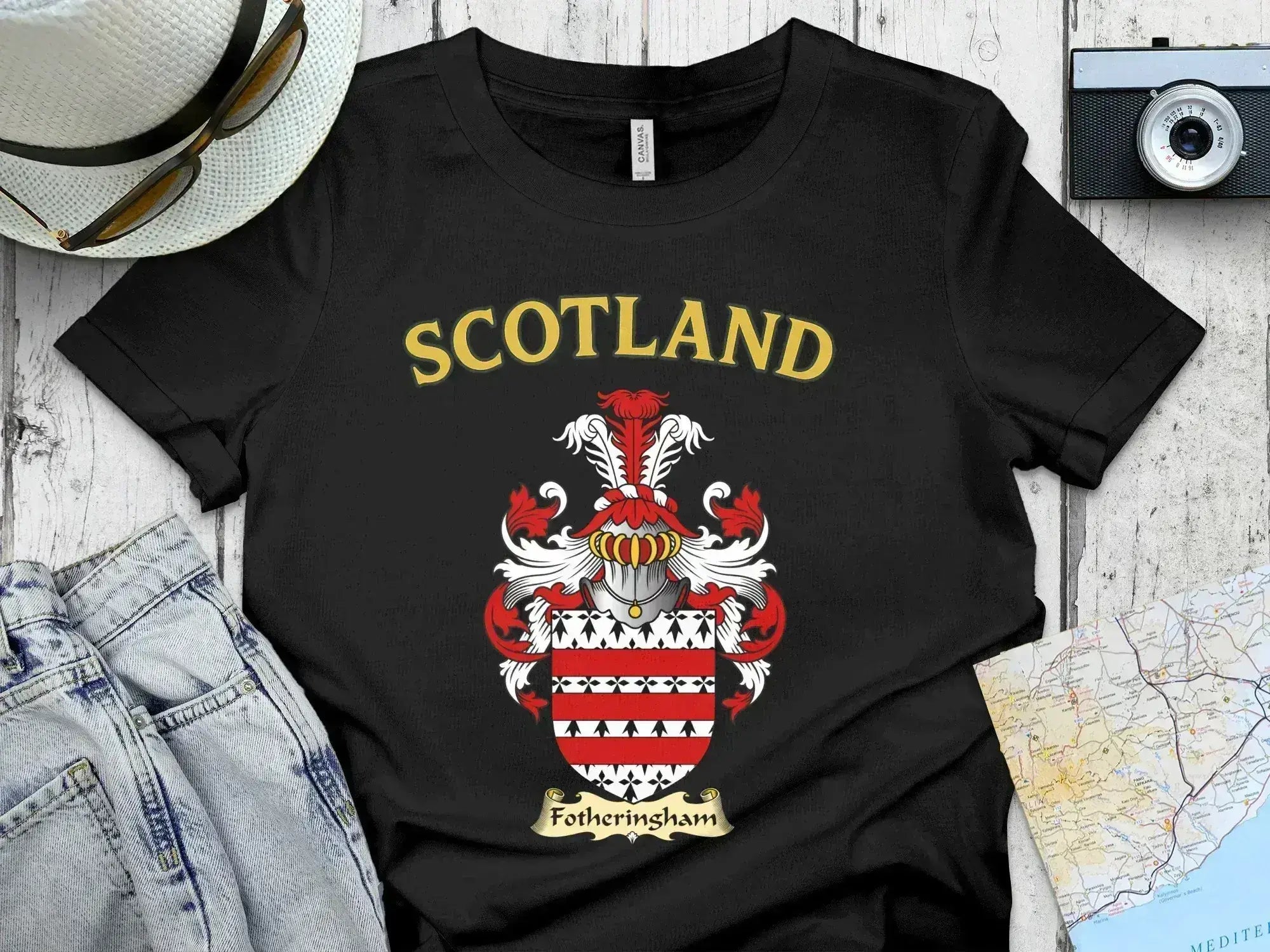 Fotheringham Scottish clan crest t-shirt — front view of the printed crest on a tartan background