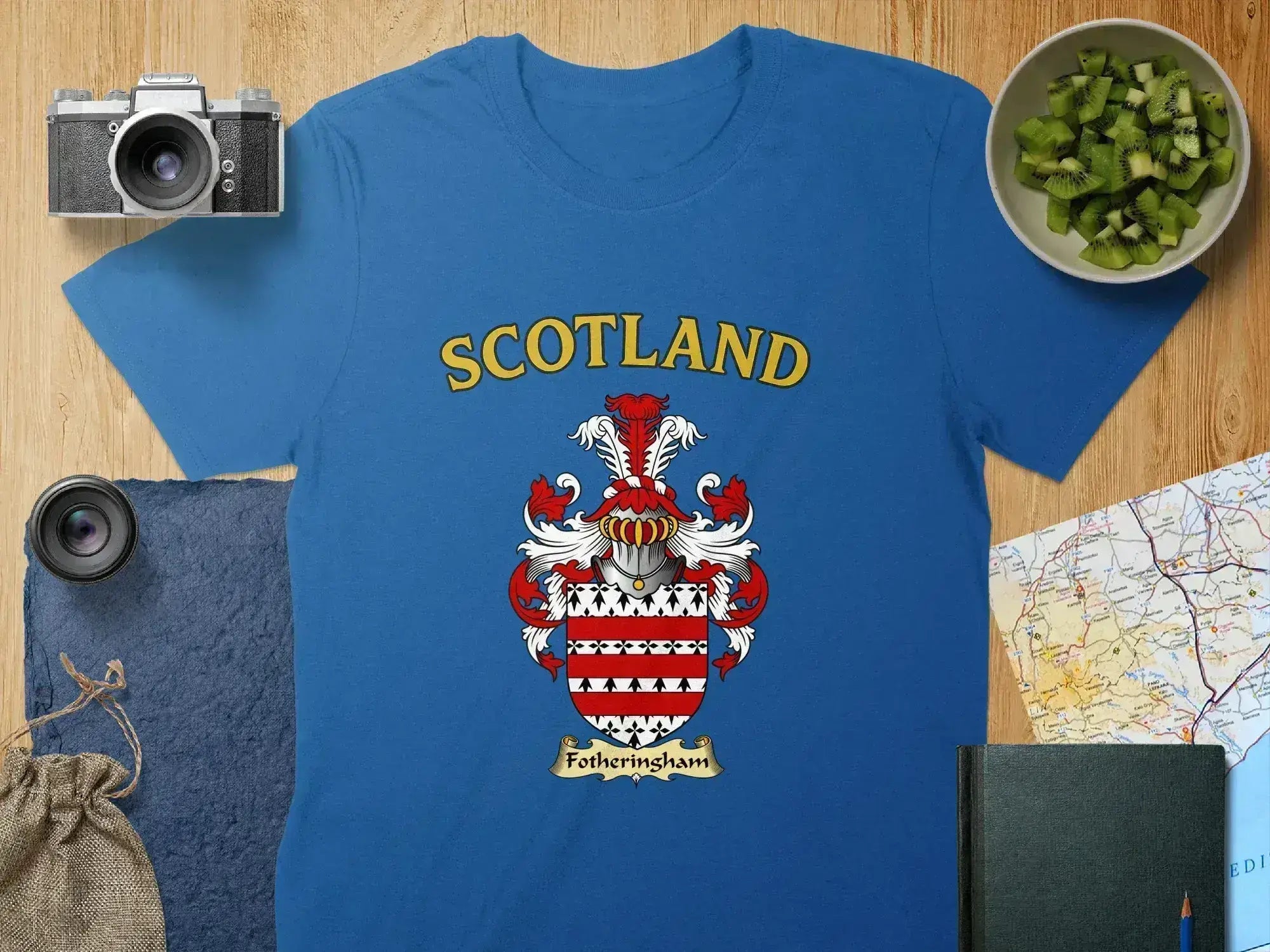Fotheringham Scottish clan crest t-shirt — tartan-background design