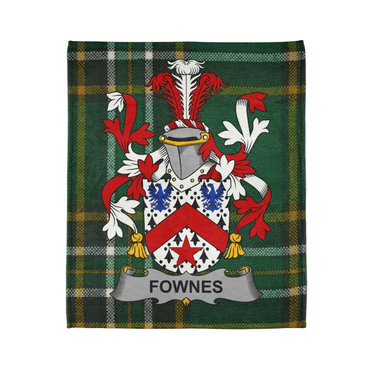 Fownes Family Crest on Green Tartan Background Blanket