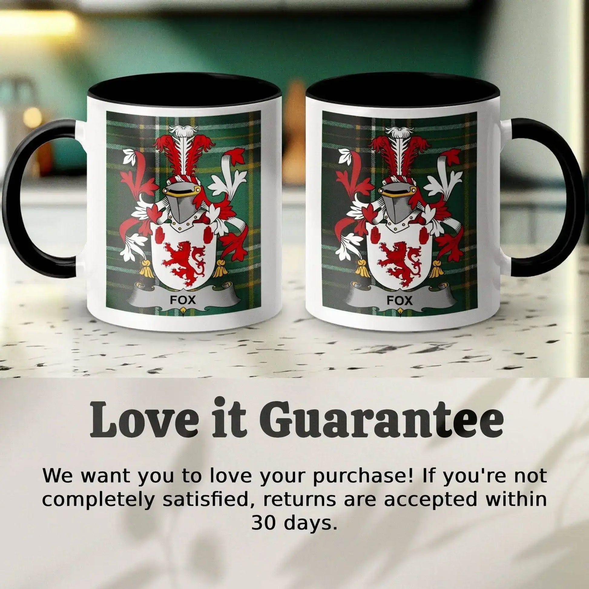 Fox Surname Family Crest Irish National Tartan Mug - Celtic Ancestry Gifts