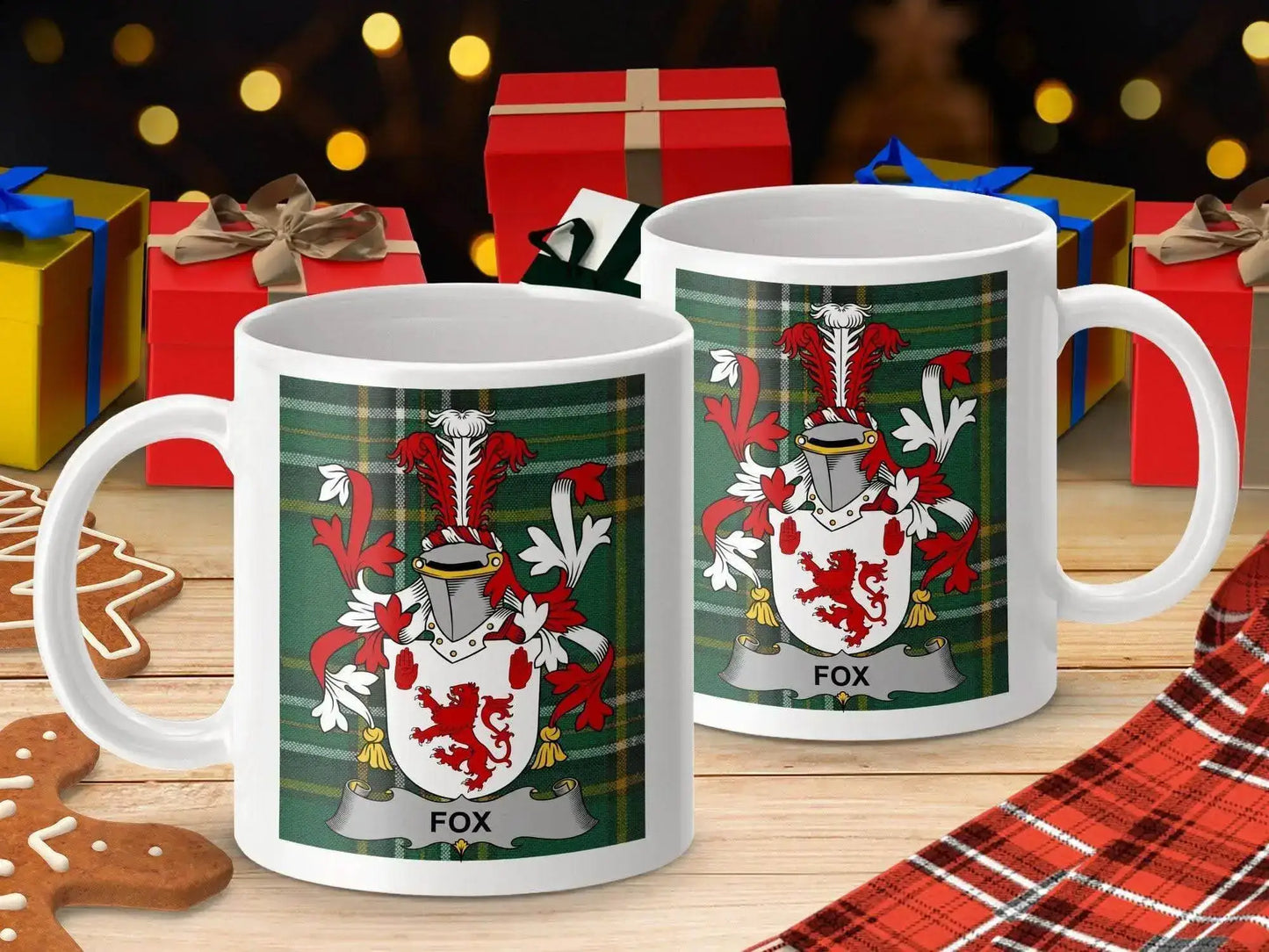 Fox Surname Family Crest Irish National Tartan Mug - Celtic Ancestry Gifts