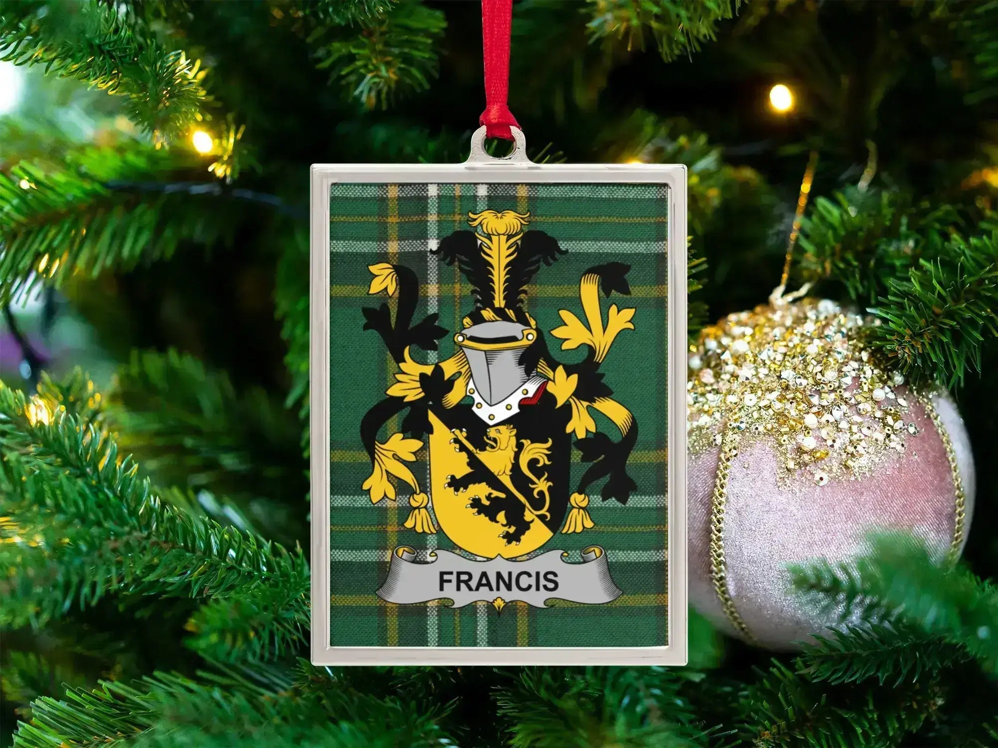 Family Crest on Plaid Personalized Ornament product type