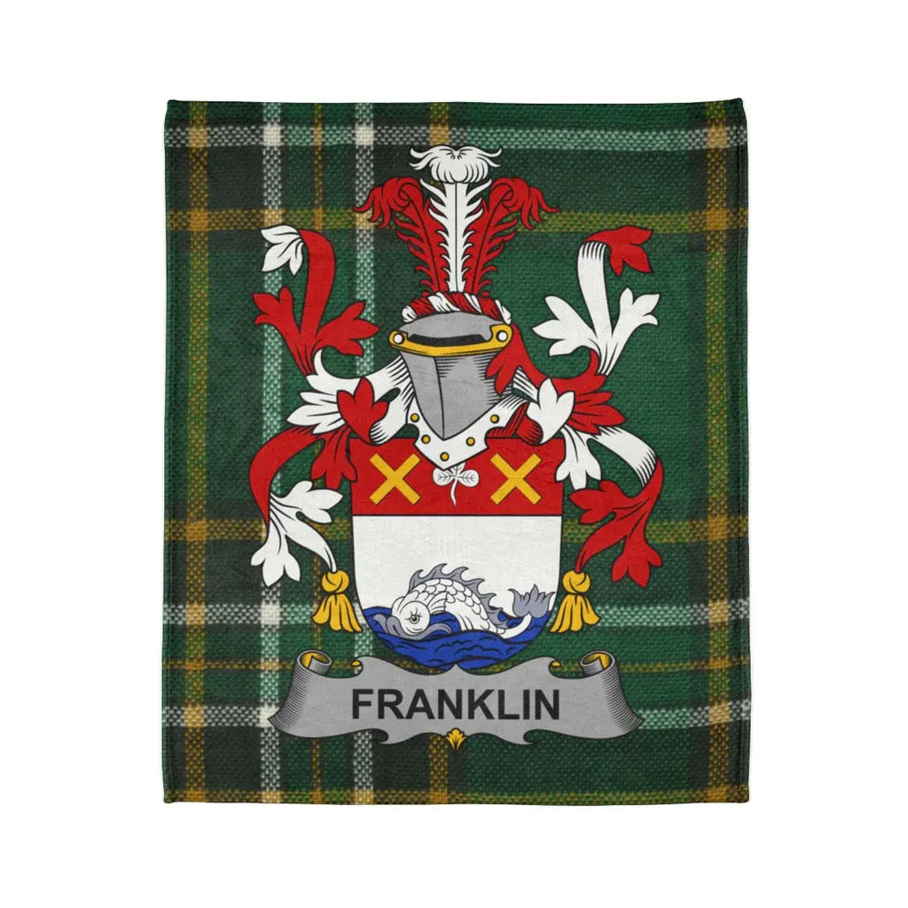 Franklin Family Crest on Green Plaid Shield Throw Blanket