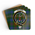 Fraser clan crest tartan coaster set — four square corkwood coasters with Je Suis Prest design
