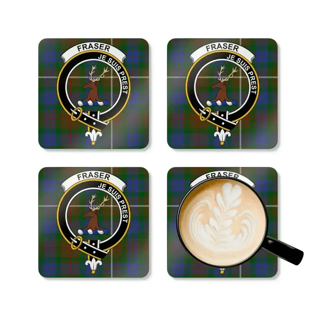 Fraser Je Suis Prest corkwood coaster close-up — glossy red tartan crest on natural cork base