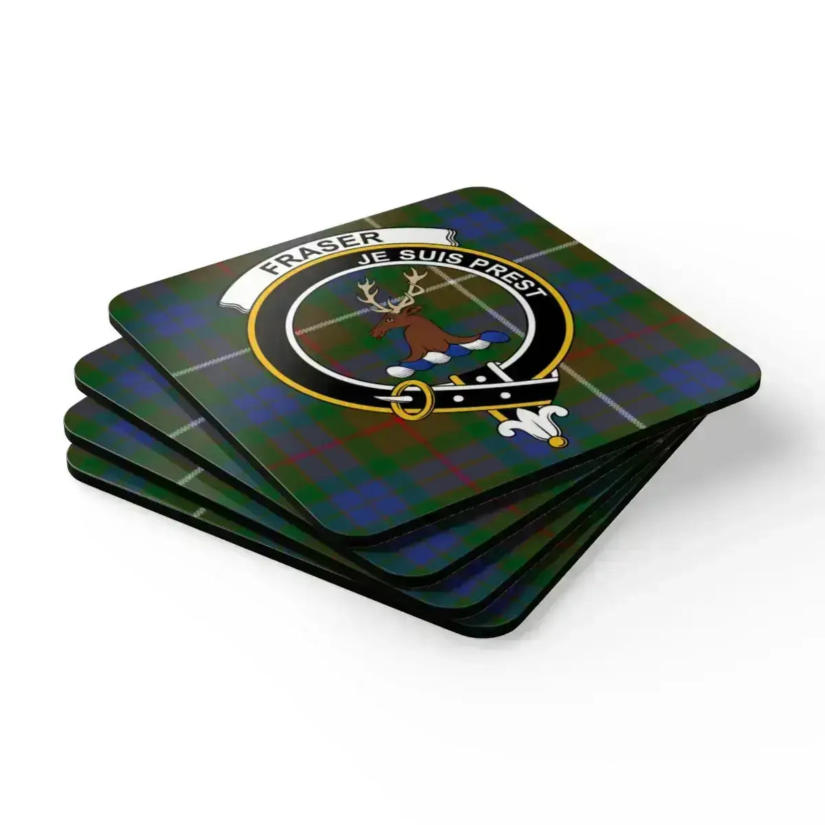 Set of four Fraser Je Suis Prest coasters — glossy tartan print, cork base, square format