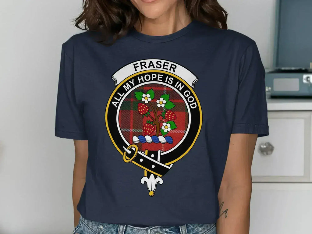 Fraser clan crest t-shirt in black — heraldic crest on chest, relaxed unisex cotton fit