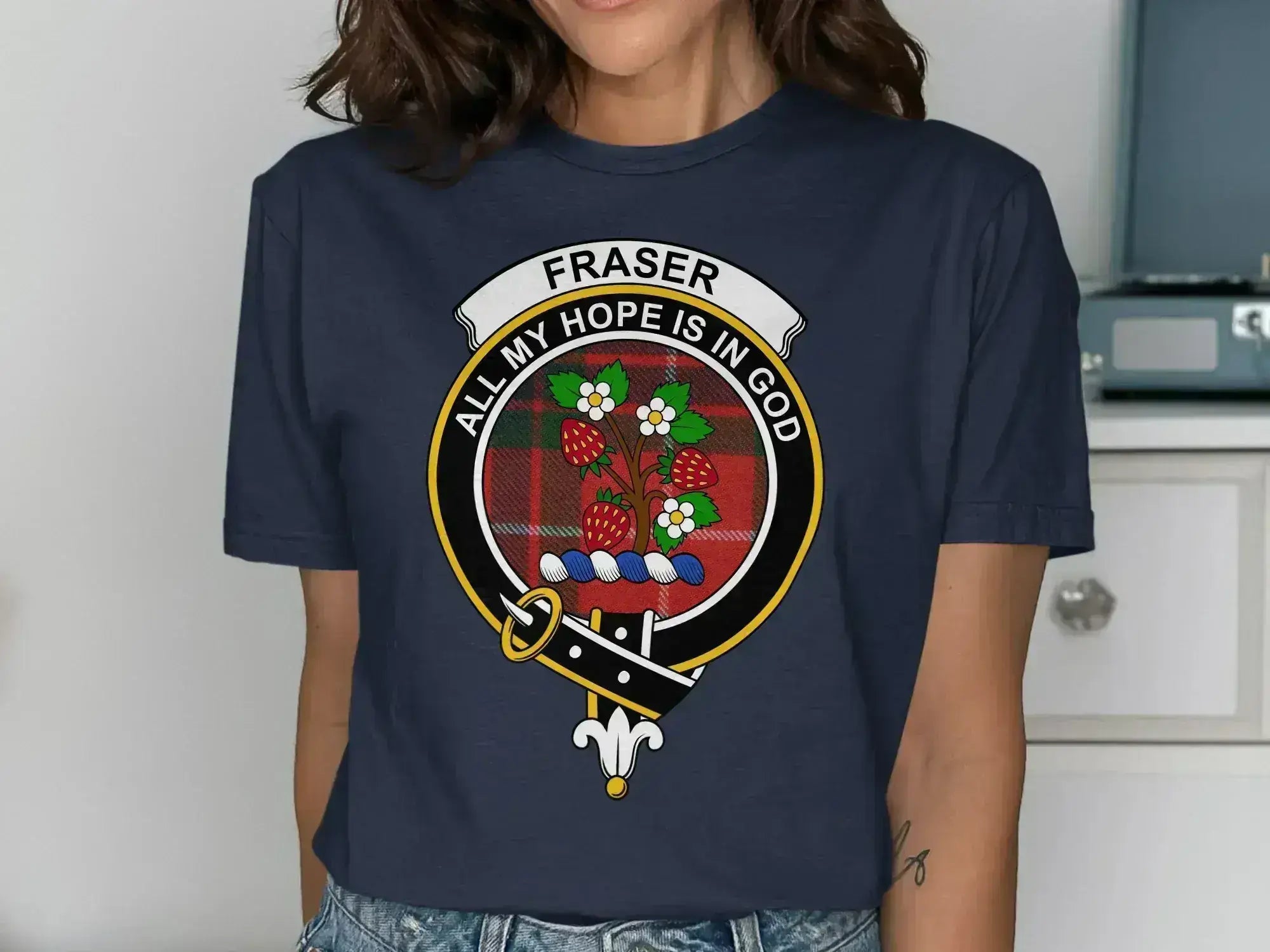 Fraser clan crest t-shirt in black — heraldic crest on chest, relaxed unisex cotton fit