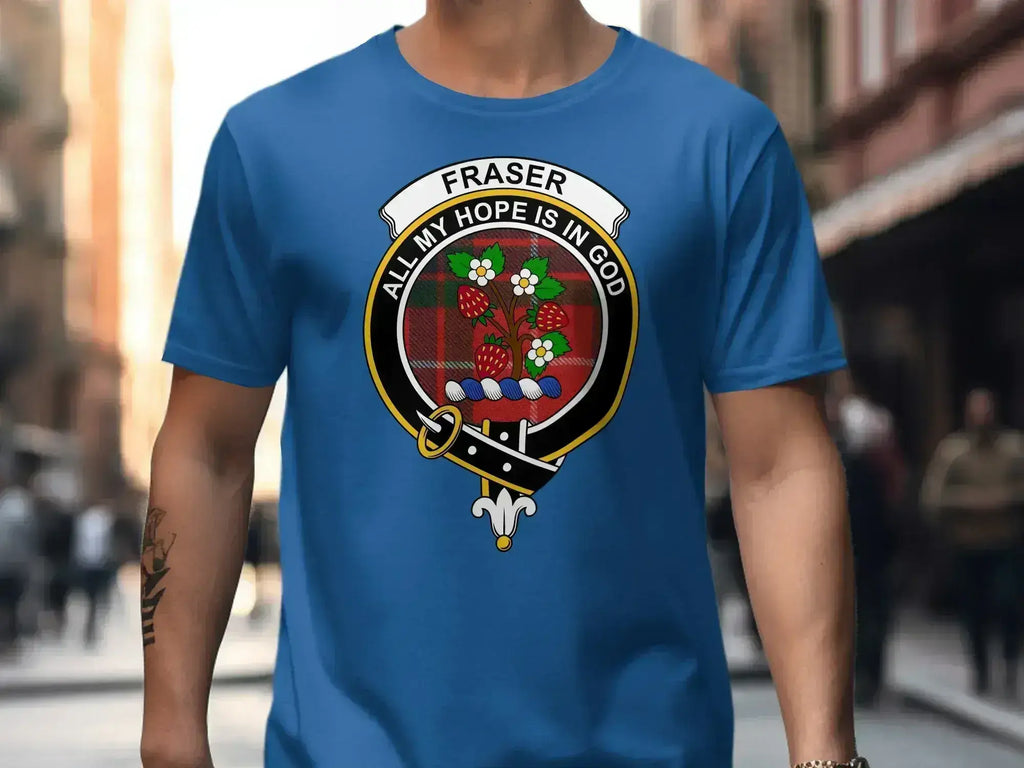 Fraser clan crest t-shirt product spec — 4 colours, S to 3XL, soft cotton with clan design