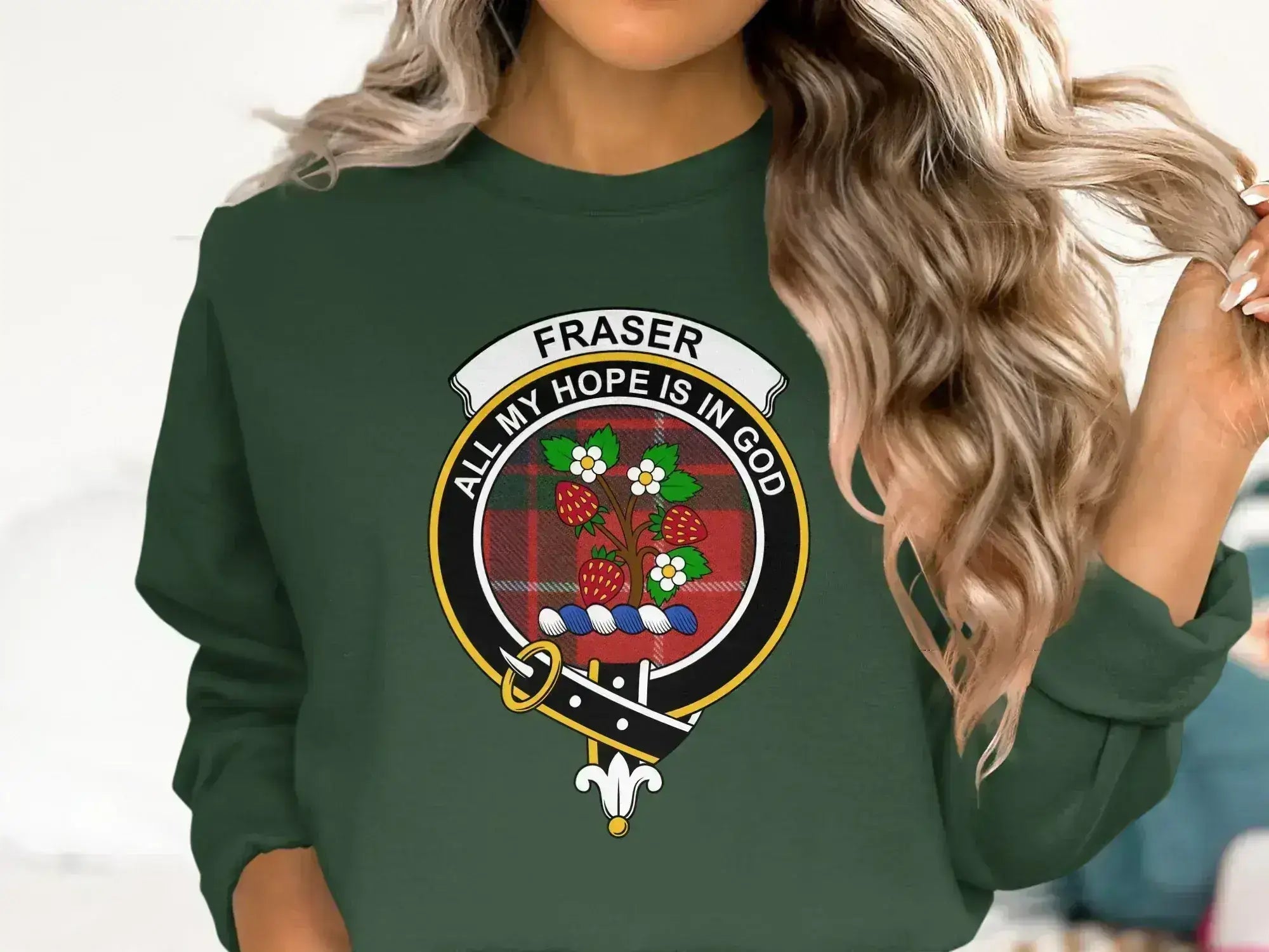 Clan Fraser crest crewneck sweatshirt in navy — Je Suis Prest tartan front, fleece interior