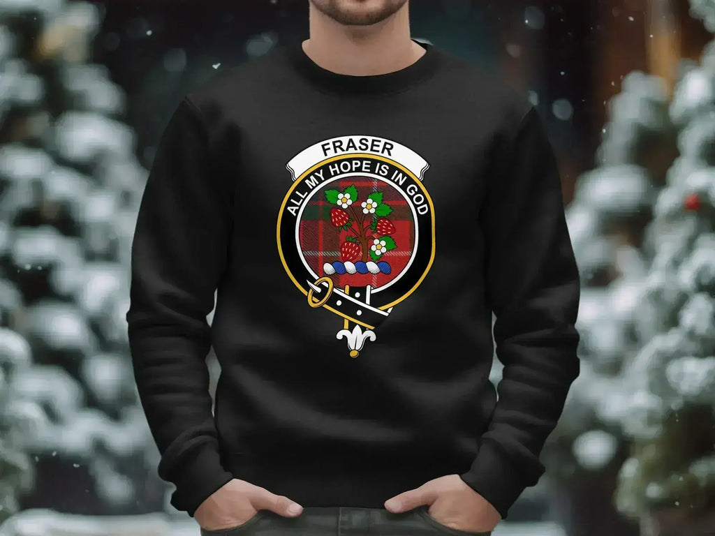 Fraser clan crest sweatshirt in black — heavy blend crewneck with full tartan crest print