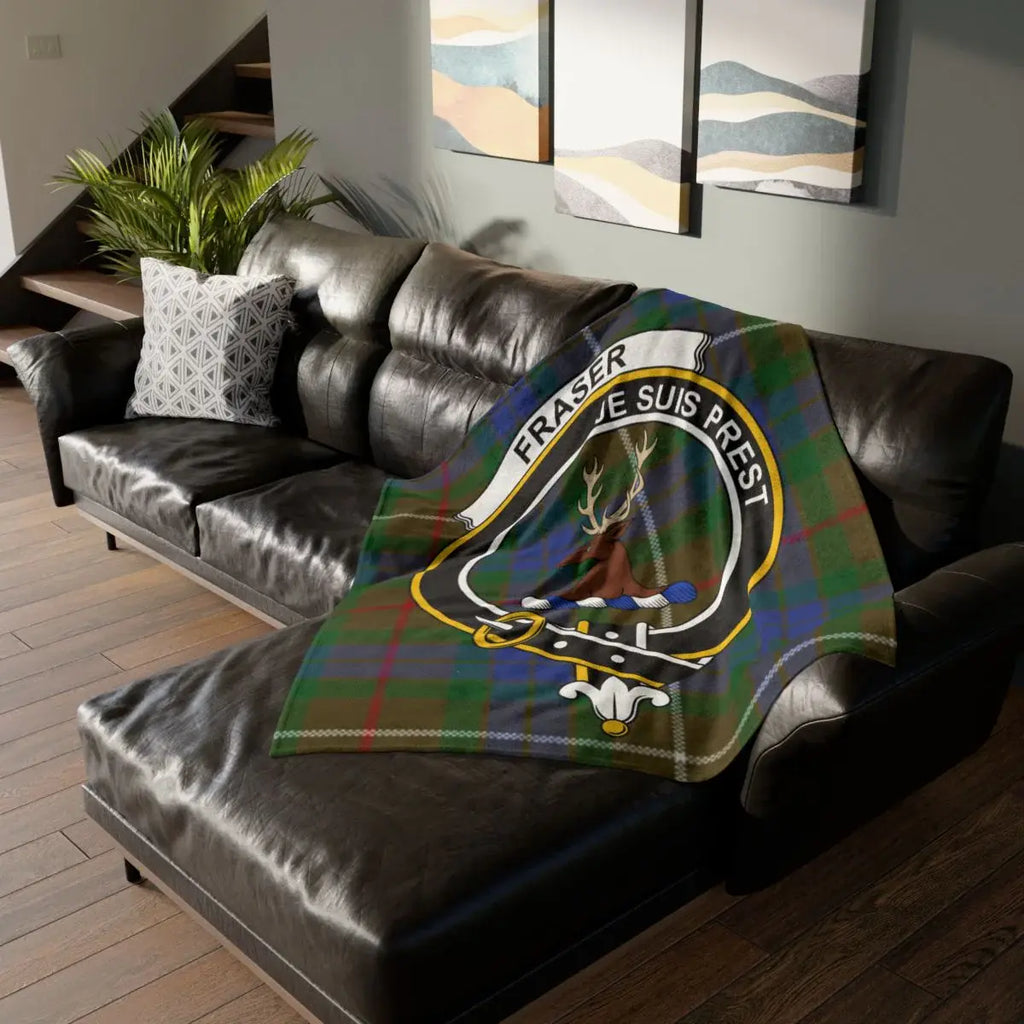 Fraser clan crest tartan throw blanket on sofa — 50x60 polyester with red and black plaid
