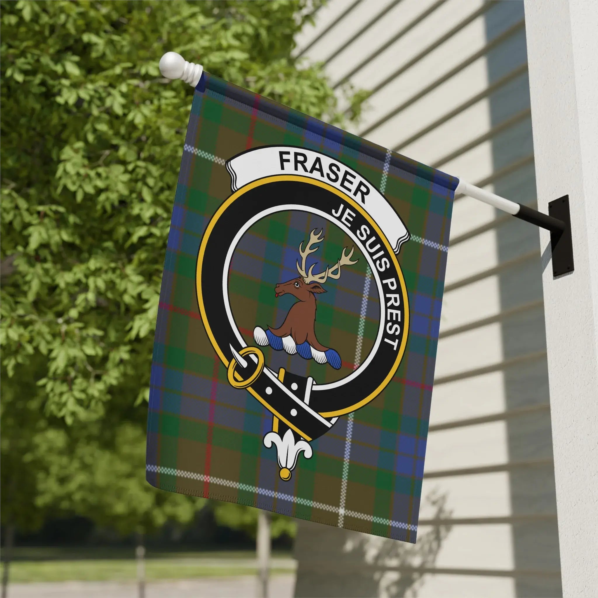 Clan Fraser crest tartan garden flag — 12x18 inch poly canvas with Je Suis Prest emblem