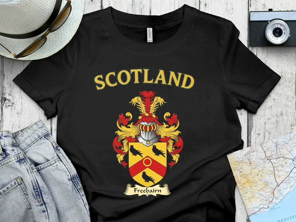 Freebairn Scottish clan crest t-shirt — front view of the printed crest on a tartan background