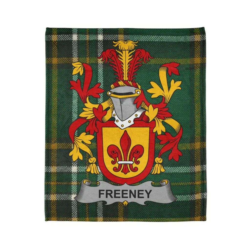 Freeney Coat of Arms on Green Tartan Pattern Blanket