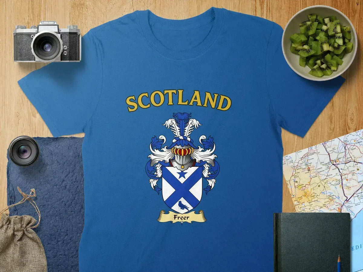 Freer Scottish clan crest t-shirt — tartan-background design
