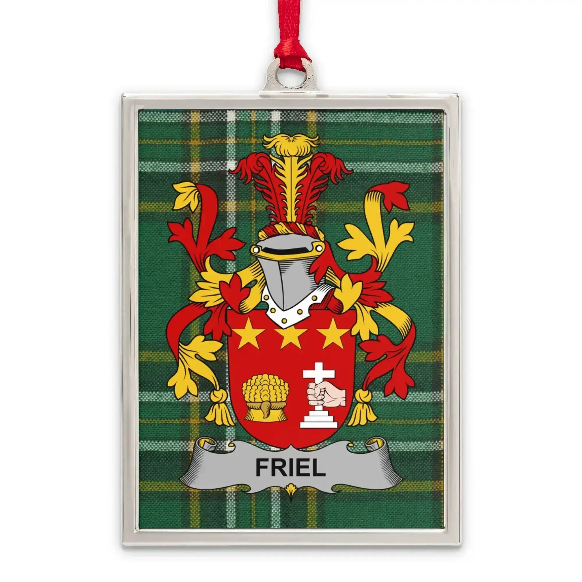 Friel Family Crest Plaid Background Holiday Ornament product
