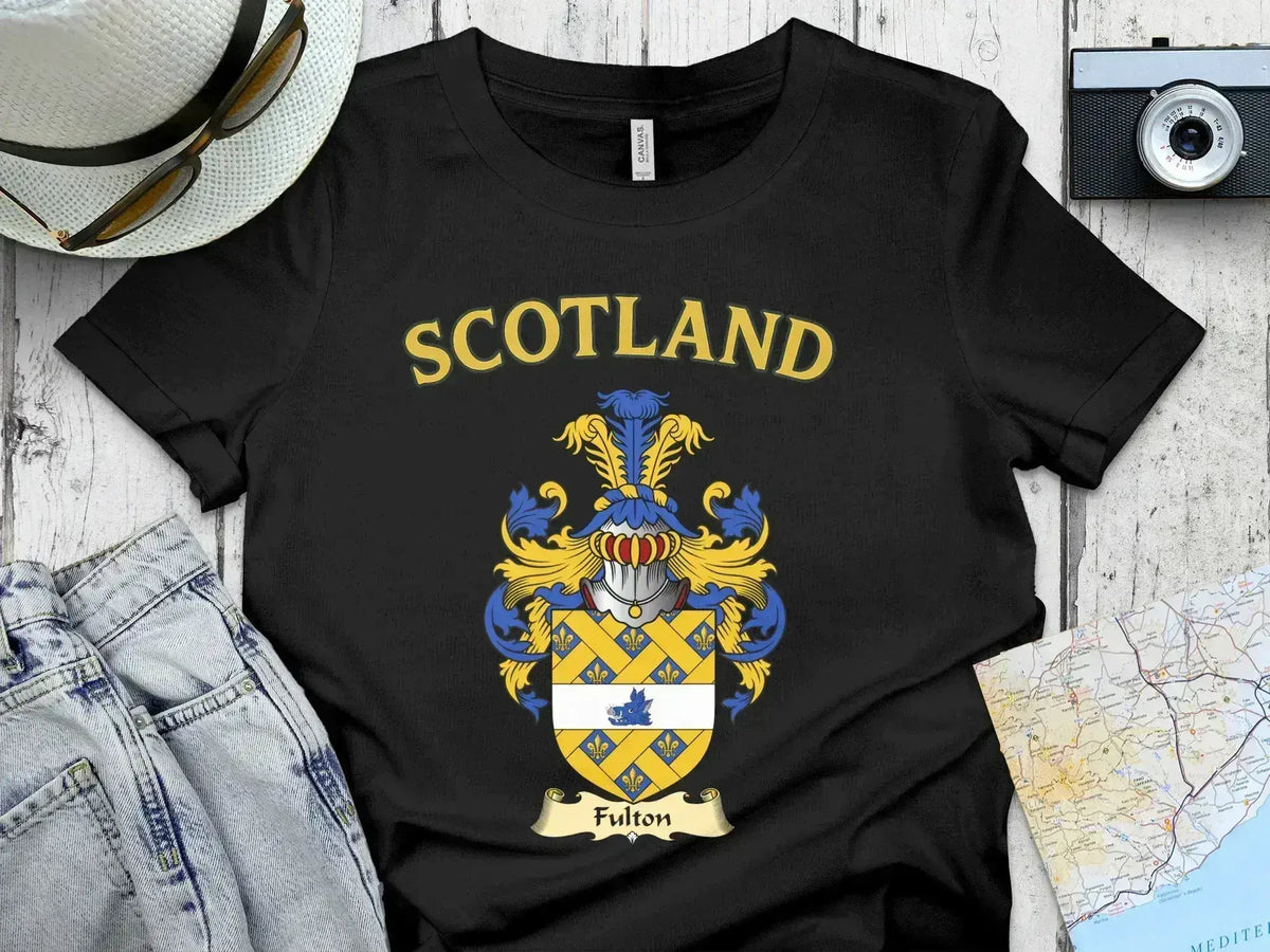 Fulton Scottish clan crest t-shirt — front view of the printed crest on a tartan background