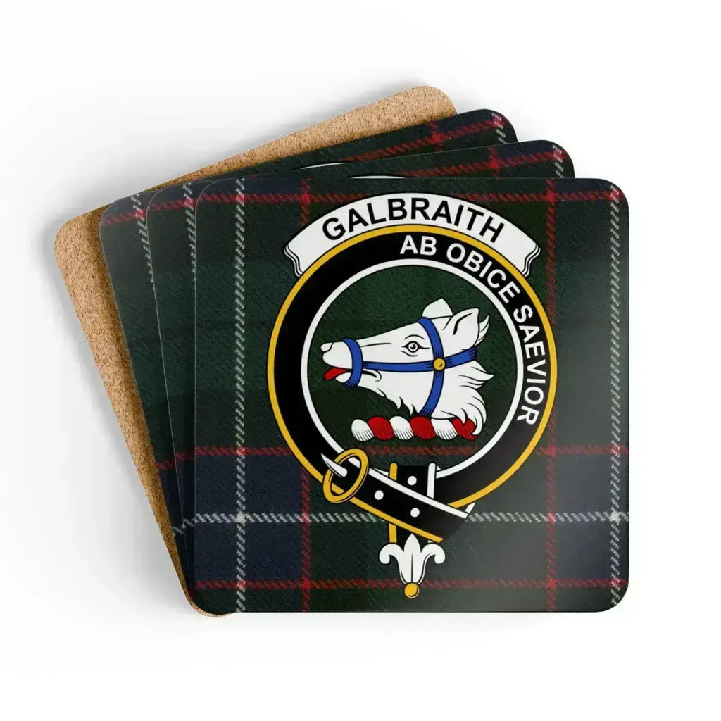 Clan Galbraith crest tartan coaster set — four square cork-backed coasters, 3.75 inch