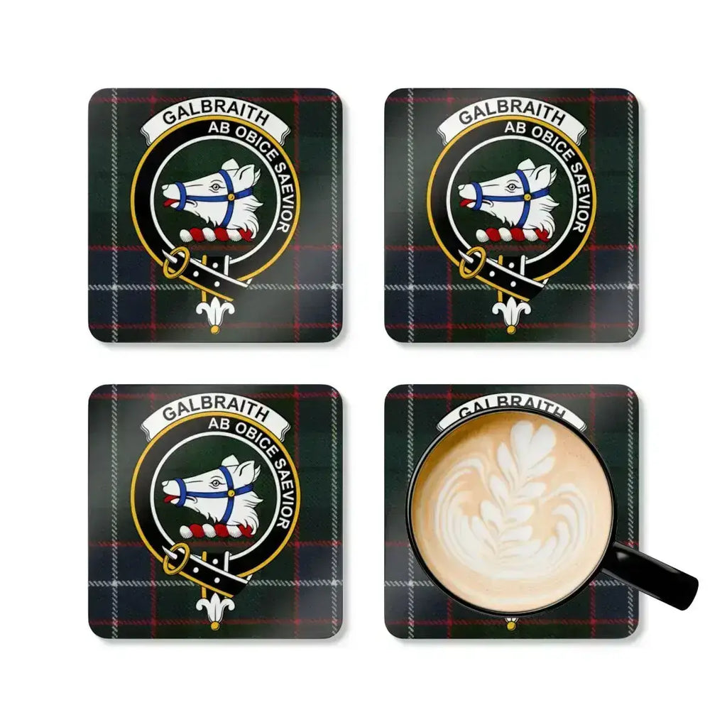 Galbraith clan crest coaster — Ab Obice Saevior motto and tartan print on gloss surface