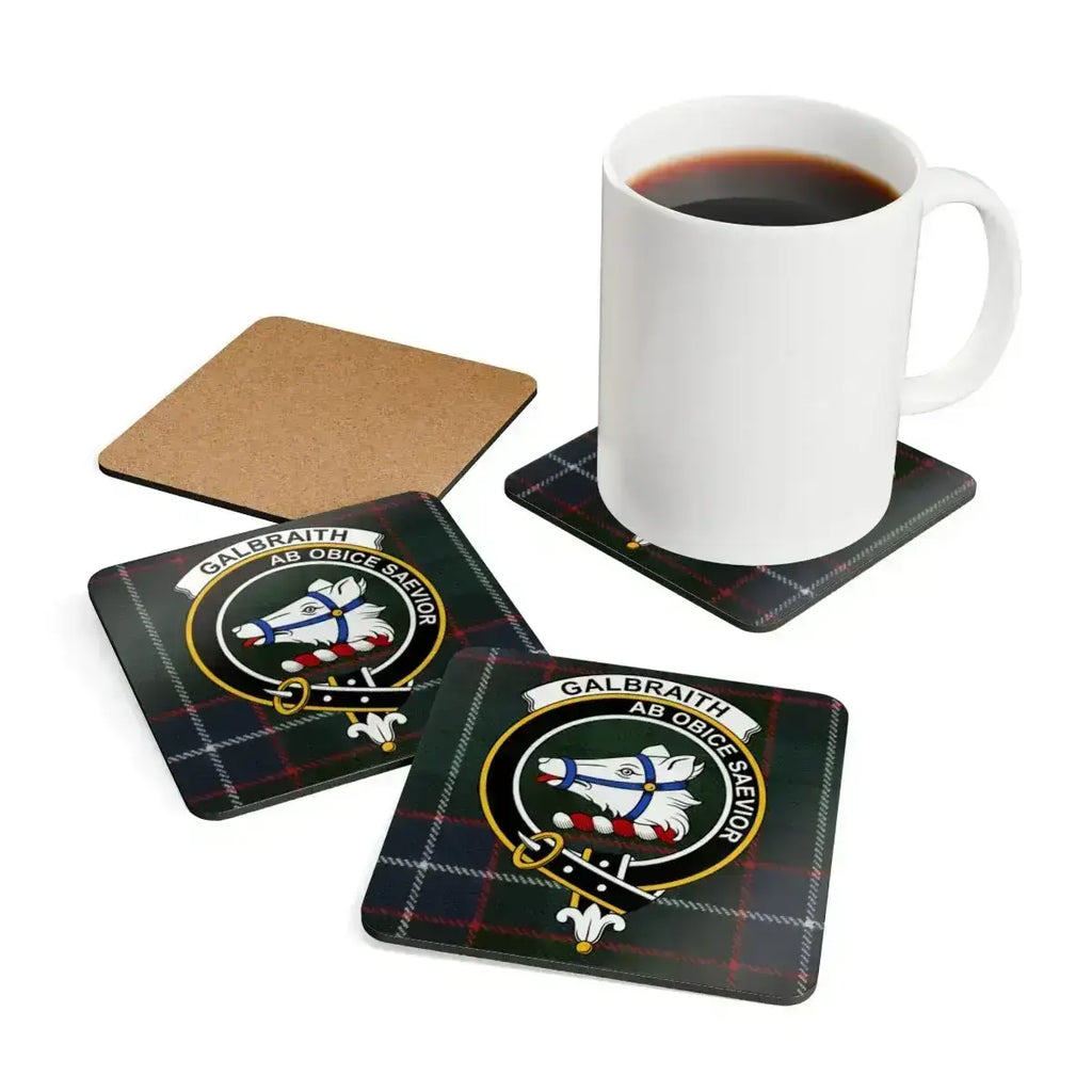 Galbraith tartan coaster set — close-up of clan crest and tartan pattern on cork-backed square