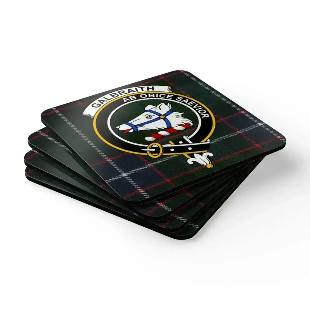 Clan Galbraith coaster set — all four coasters shown with crest and tartan background