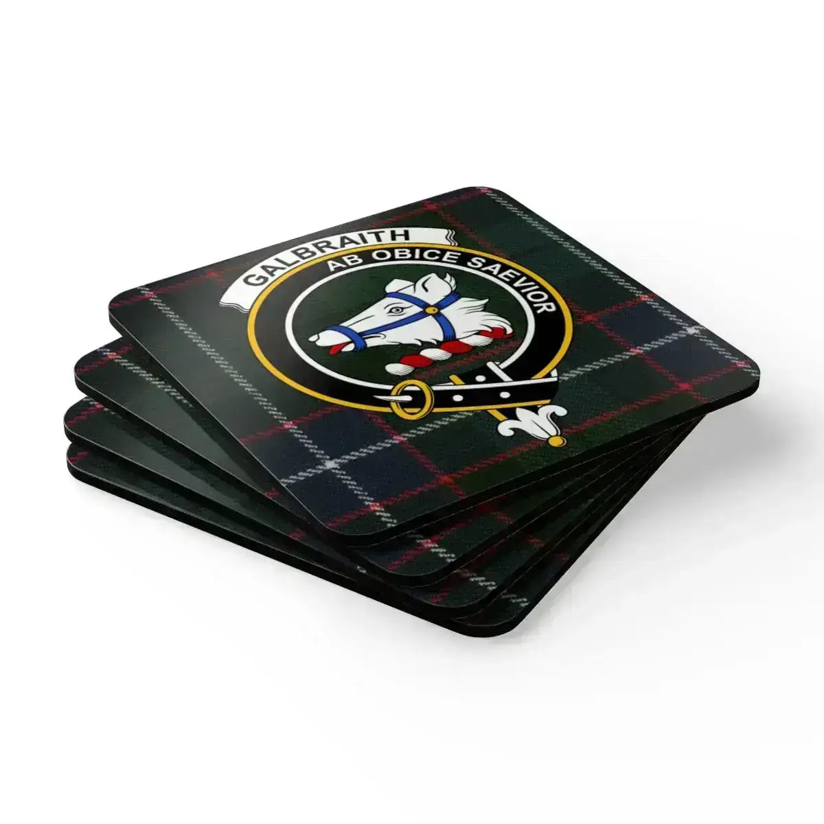 Clan Galbraith coaster set — all four coasters shown with crest and tartan background